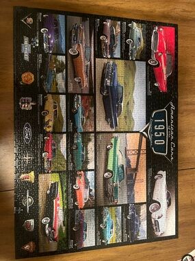 Vintage 1950s Classic Car Collage Puzzle Ford and GMC puzzle. All pieces here